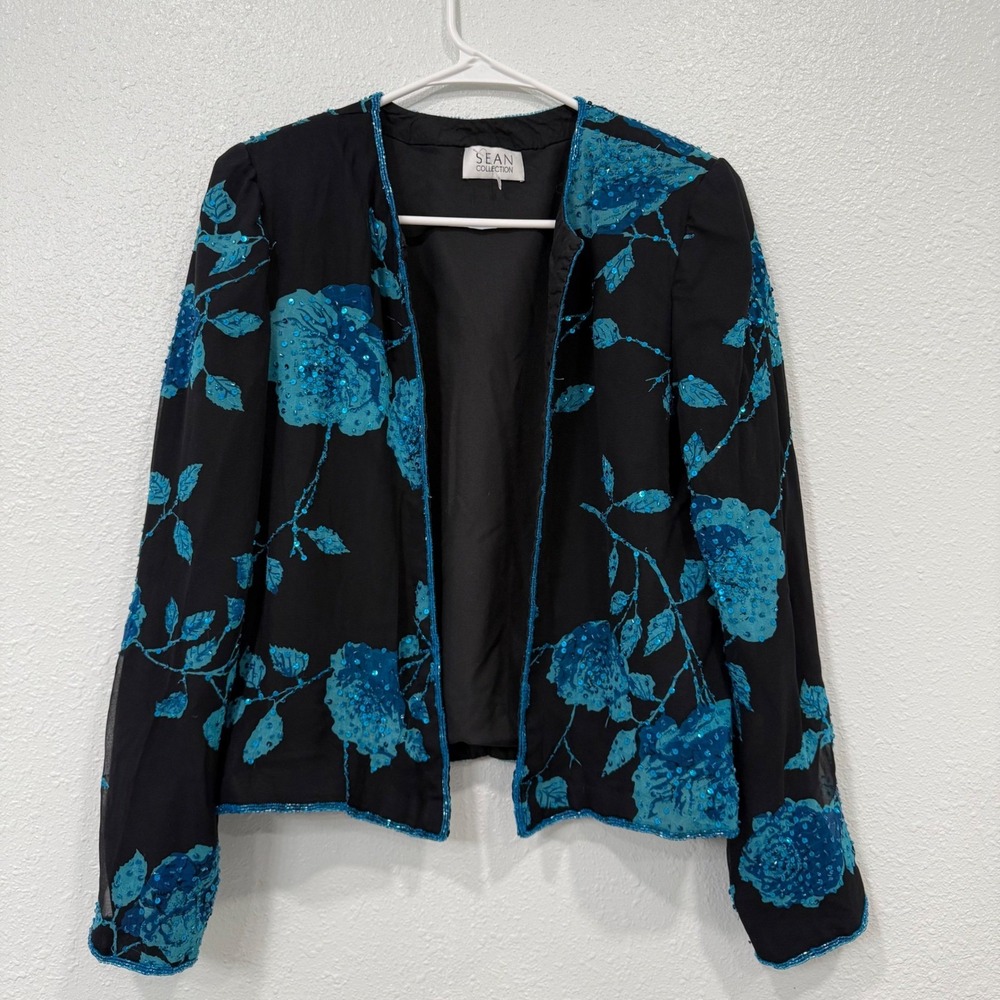 Sean Collection Vintage Silk Beaded Sequin Floral Evening Jacket Black Teal M